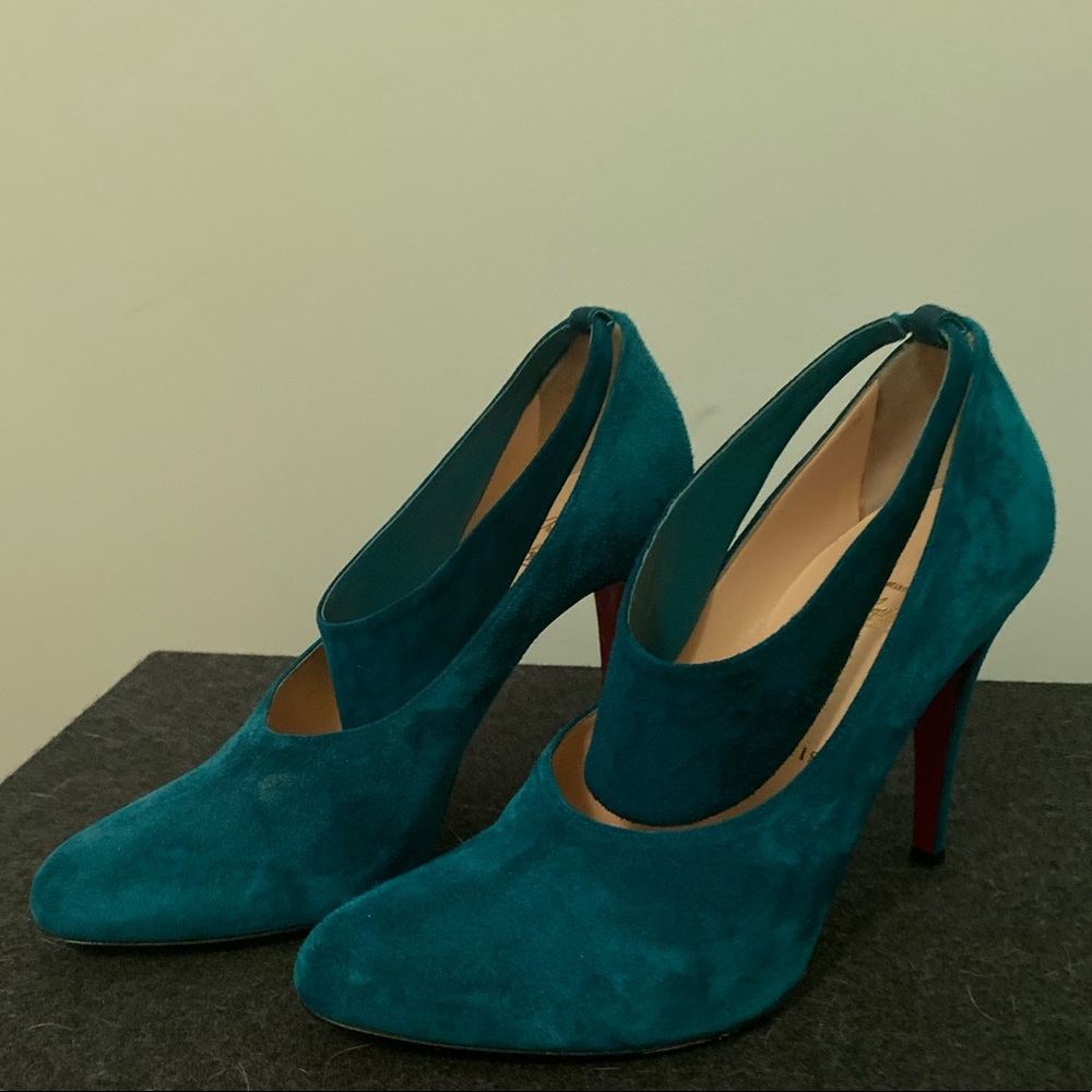 Christian Louboutin authentic peacock suede heels
